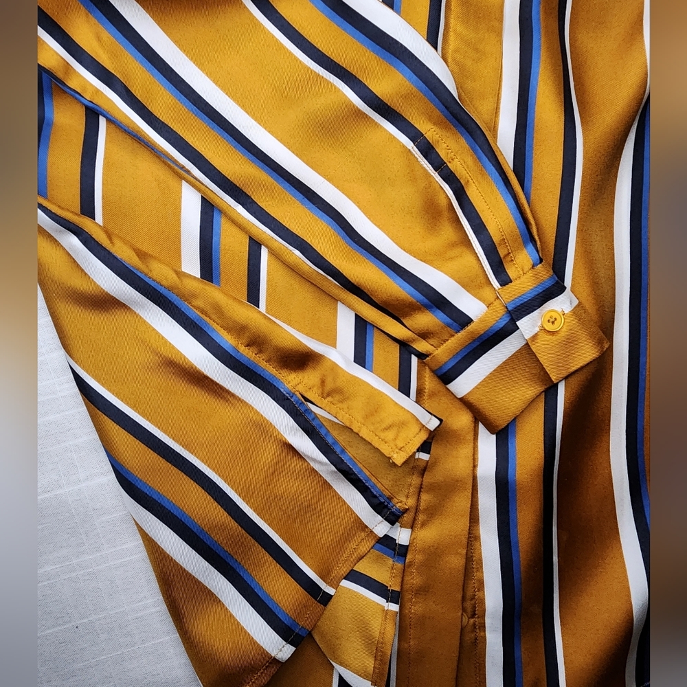 Lafayette 148 New York Womens  Adela Silk Blouse, Gold/White/Blue - Picture 8 of 10